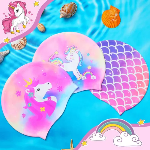 Vista 5 de Syhood Gorras de natación para niños, 3 unidades, impermeables, gorro de natación de dibujos animados para cabello largo y corto, para niños y niñas