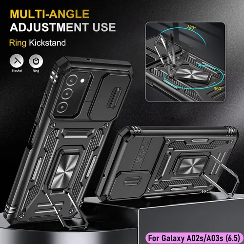 Vista 5 de Funda resistente para Samsung Galaxy A03s/A02S, protección híbrida de goma de doble capa de grado militar con protector de cámara deslizante