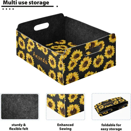 Vista 5 de CaTaKu Cesta de almacenamiento personalizada rectangular con asa, organizador de girasol, cesta con nombre para niñas