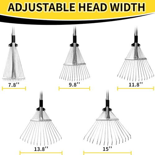 Vista 5 de Rastrillo de jardín para hojas, rastrillo de hojas ajustable de metal resistente para césped, mango largo de 33 a 69 pulgadas con cabeza expandible