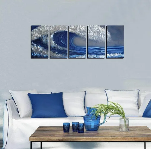 Vista 6 de Arte de pared de metal oceánico, arte abstracto de metal hecho a mano, arte de pared azul y plateado a gran escala, pintura de aluminio 3D única