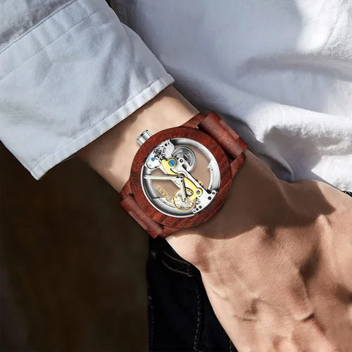 Vista 6 de S2SQURE - Reloj de pulsera para hombre mecánico automático automático de lujo esqueleto steampunk para hombre ligero con banda de madera marrón
