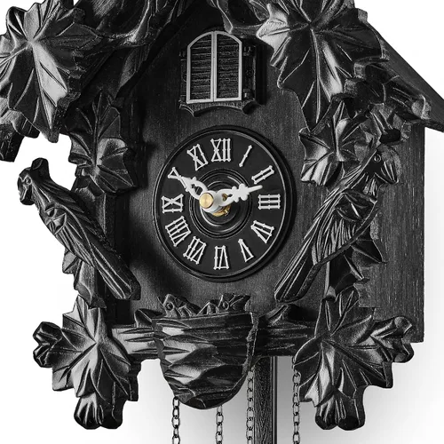 Vista 9 de TIMEGEAR Reloj de cuco con modo nocturno automático, movimiento de cuarzo y cabeza de ciervo tallada (negro)