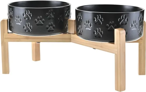 Vista 9 de SPUNKYJUNKY Cuencos elevados de cerámica para perros, 5.1 pulgadas, para comida de perros y gatos, cuencos elevados con soporte de bambú Verde oscuro