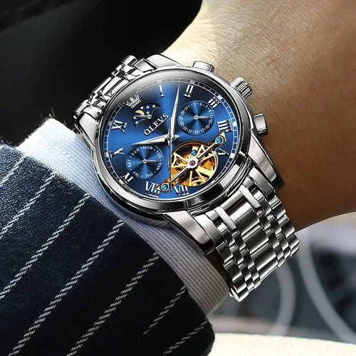 Vista 5 de OLEVS - Relojes automáticos para hombre, diseño mecánico con cuerda automática, reloj de pulsera de lujo de moda, esqueleto, luminoso, impermeable
