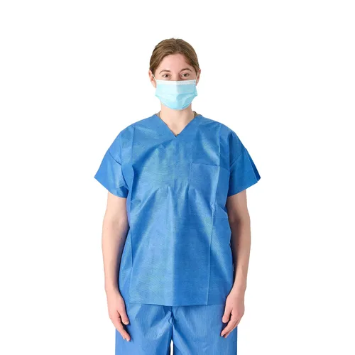 Vista 2 de Medline Camisetas médicas desechables unisex, cuello en V, material SMS, talla M, azul claro, caja de 30 unidades cada una