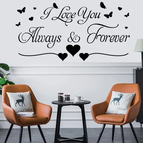 Vista 2 de Calcomanías de pared con texto en inglés "I Love You Always & Forever", calcomanías de pared románticas de mariposas y corazones, murales de vinilo