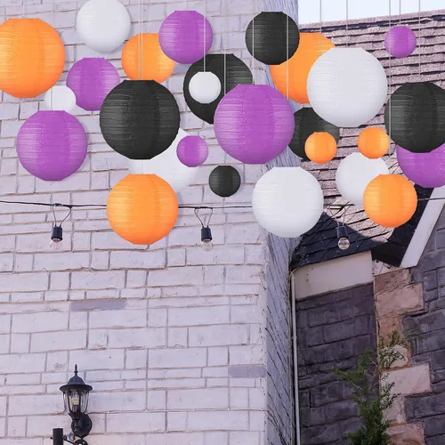 Vista 5 de VIHOSE 16 linternas de papel colgantes de Halloween, linternas de papel redondas, decorativas, naranja, morado, negro, blanco, para Halloween