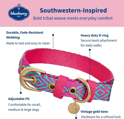 Vista 3 de Blueberry Pet - Collar ajustable para perro con forma de diamantes tribales del sudoeste en francés rosa con hebilla de metal, cuello 9-12.5