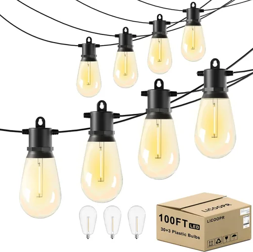 Vista 8 de Luces de Cadena para Exteriores 50 pies IP65 Impermeables Luces de Patio con 15 + 2 Bombillas LED Irrompibles Grado Comercial Luces de Cadena LED
