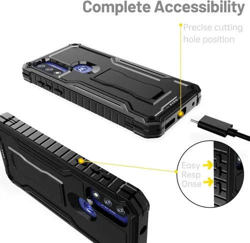 Vista 3 de FITO Funda para Moto G Pure, funda resistente a prueba de golpes de doble capa con un protector de pantalla de vidrio, soporte integrado (negro)