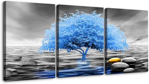 Vista 7 de Wewejia 3 piezas de lienzo gris para pared, calma/relajación, piedras zen doradas, cielo, pájaros, lago, niebla, luna llena, póster, arte de pared