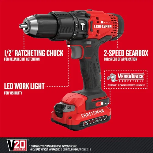 Vista 2 de CRAFTSMAN V20 Kit de taladro de martillo inalámbrico, 1/2 pulgada, 2 baterías y cargador incluidos (CMCD711C2)