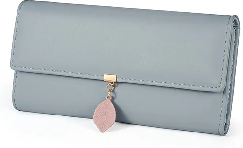 Vista 101 de UTO - Cartera pequeña RFID de piel sintética con dije de hoja, cierre de cremallera y tarjetero.