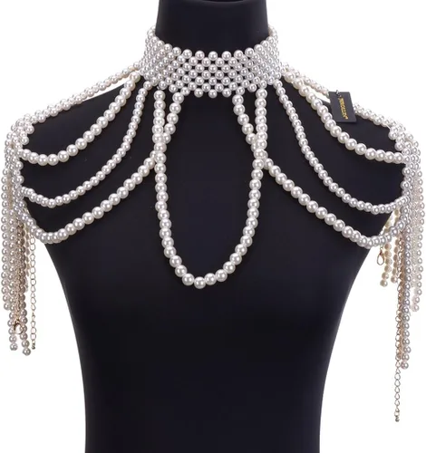 Vista 2 de Jerollin Collar de perlas simuladas para mujer, collar babero de moda, collar de bisutería, decoración corporal