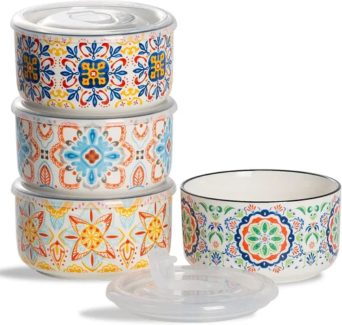 Vista 8 de Cuenco de cerámica con tapa, apto para microondas, juego de 4 Food Storage Containers for Soup, Meal Prep, Cereal, Salad Leftovers - Picnic