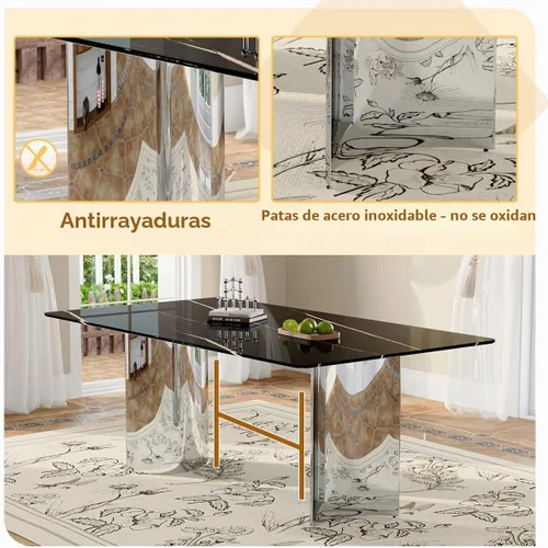 Vista 5 de Juego de mesa de comedor moderno para mesa de comedor de cristal de 6, 7 piezas, mesa de mármol sintético de 71 pulgadas con base de acero