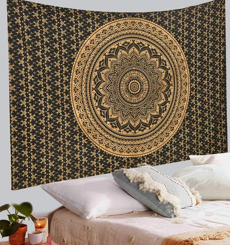 Vista 5 de ANJANIYA - Tapiz para colgar en la pared, diseño de mandala, nuevo sombreado dorado, decoración de dormitorio, metálico, hippy, arte de muro