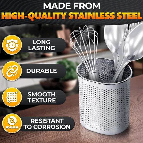 Vista 3 de Palillos Cubiertos y recipiente para utensilios de cocina rack de secado cesta con gancho de acero inoxidable perforado (forma ovalada) – se puede