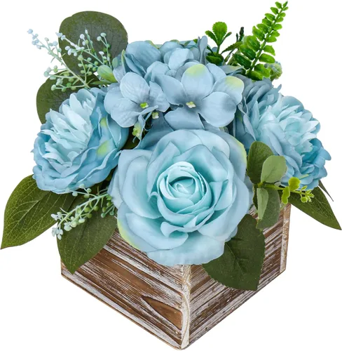 Vista 19 de DILATATA Arreglo floral con jarrón de madera, flores artificiales de 10 pulgadas en maceta, flores falsas en jarrón rectangular de madera blanco
