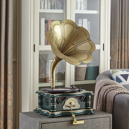 Vista 8 de Tocadiscos vintage de madera para gramófono, tocadiscos de fonógrafo retro, tocadiscos de 3 velocidades para discos de vinilo con reproducción