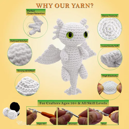 Vista 6 de LuNuaFvy Kit de ganchillo para principiantes, adultos/adolescentes/niños mayores de 9 años - Juego de dragón Amigurumi Animal con video de 4 horas