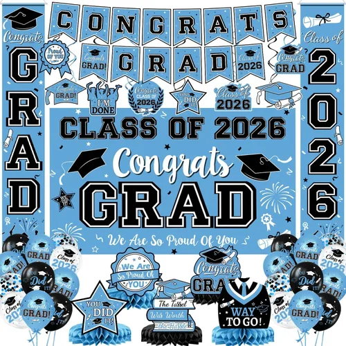 Vista 23 de Decoraciones de graduación 2026, juego de decoraciones de graduación rojo y negro con pancarta y telón de fondo de felicitaciones, letrero