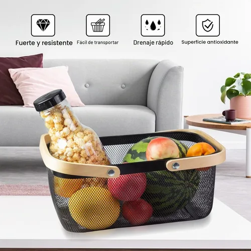 Vista 5 de Cesta portátil de cosecha de jardín, diseño de malla, cesta de almacenamiento de alambre con mango de bambú natural, cesta de malla con asa