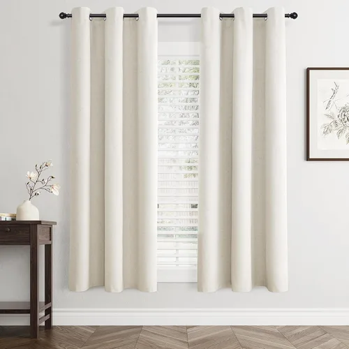 Vista 21 de Beige White Linen Blackout Curtains 90 Length 2 Panels Set for Living Room Bedroom, 100% Black Out Thermal Insulated Linen Drapes, Room Darkening