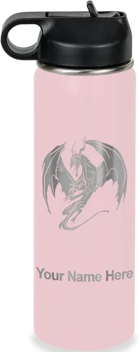 Vista 28 de LaserGram Botella de agua con tapa abatible de doble pared de 12 onzas con pajilla, dragón, grabado personalizado incluido (negro)