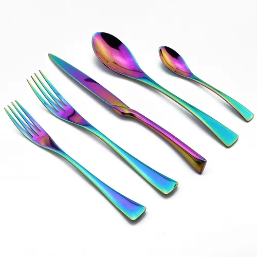 Vista 3 de Juego de cubiertos de arco iris colorido de 5 piezas, juego de cuchillos de cena de acero inoxidable 18/10, pulido de espejo, servicio para 1