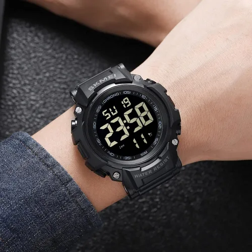 Vista 5 de Fanmis Reloj digital digital multifunción para hombre, electrónico, impermeable, con alarma, reloj deportivo de cuarzo, Azul Patchwork