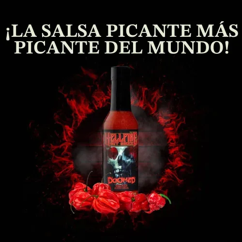 Vista 5 de Hellfire Doomed Salsa Picante, La Salsa Más Picante del Mundo, Reforzada con 6.66 Millones de SHU de Extracto de Pimienta Natural, Probada