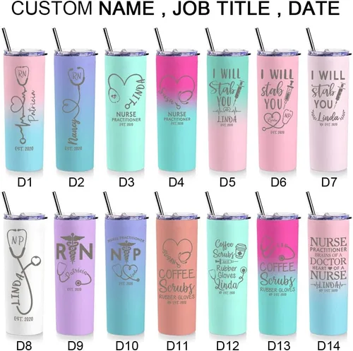 Vista 7 de Regalos de enfermera para mujeres, vaso de vino personalizado de 20 onzas con nombre, título de trabajo y fecha, regalos de enfermera, enfermeras