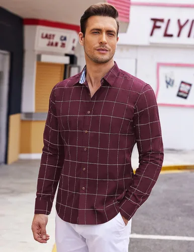 Vista 3 de Coofandy Camisa de vestir casual de manga larga a cuadros con botones para hombre