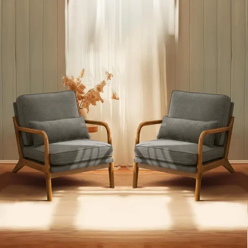 Vista 26 de Bonnlo - Silla de acento moderna de mediados de siglo con tela de lino beige, sillones de descanso con acolchado de madera maciza para sala