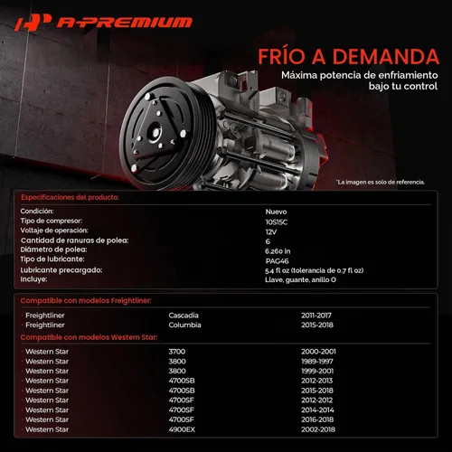 Vista 2 de A-Premium Compresor de aire acondicionado con embrague compatible con Freightliner Cascadia 2011-2017, Columbia 2015-2018 y Western Star 3700, 3800