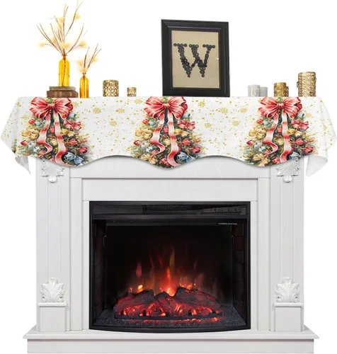 Vista 9 de Bufanda de Navidad para chimenea, diseño de árbol de Navidad, mantel de Navidad, mantel superior, bufandas con copos de nieve, cubierta de mantel
