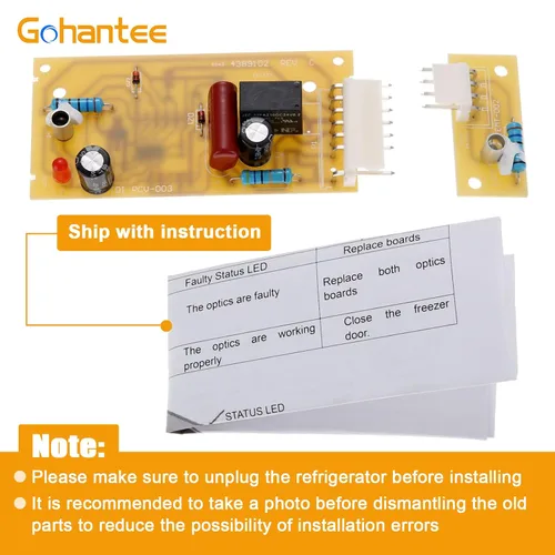 Vista 2 de 4389102 Kit de tablero de control del sensor de la máquina de hielo del refrigerador Compatible con sensor emisor Whirlpool Kenmore W10757851