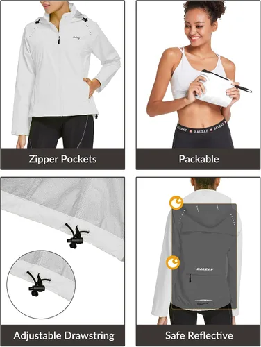 Vista 6 de BALEAF Chaquetas impermeables para mujer, cortavientos resistentes, para correr, ligeras, reflectantes, plegables, con capucha