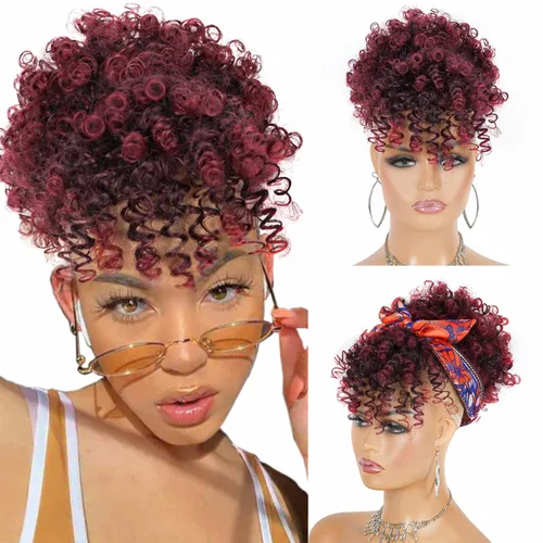 Vista 16 de Cola de caballo con cordón para mujeres negras Afro Puff Cola de caballo con cordón con flequillo Cola de caballo corta crespa y rizada Moño cola
