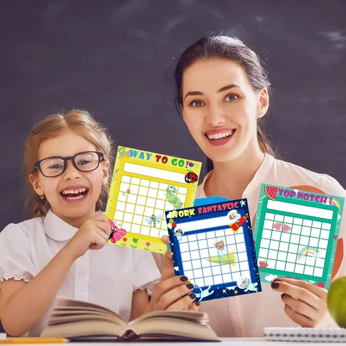 Vista 5 de 100 calcomanías gráficas para niños, tabla de recompensas de incentivos para niños en 10 diseños con 2800 mini calcomanías de estrellas, borrado
