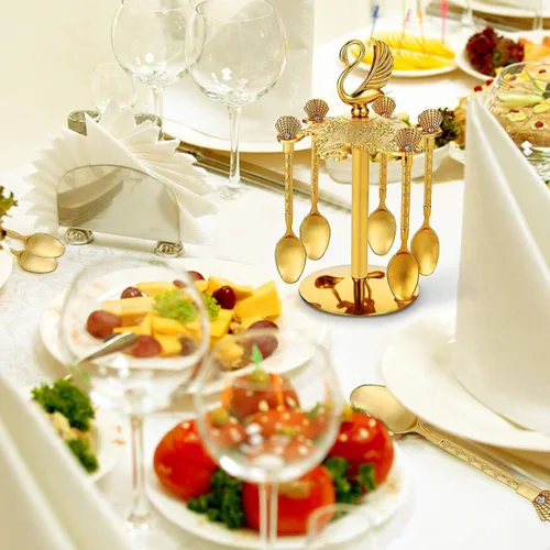 Vista 4 de Soporte decorativo de base de cisne con 6 cucharas, cucharas de té de lujo, postre de café, cucharaditas, cuchara de mermelada para frutas, agitar