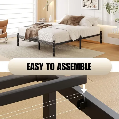 Vista 60 de 12 Inch Heavy Duty Black Metal Platform Bed Frame with Mattress Support, Twin Platform Bed Frame with Under Bed Storage, No Box Spring Needed, Easy