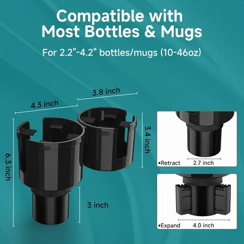 Vista 4 de TYKOR Expansor de portavasos para automóvil, adaptador extensor de portavasos 2 en 1 con base expandible, se adapta a Yeti, Hydroflask, botellas