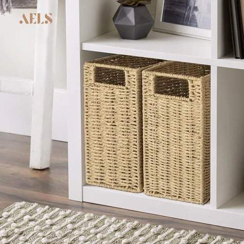 Vista 4 de AELS Cesta tejida de fibra natural para revistas, soporte de revistas para piso, organizador de revistas tejido a mano, cesta de revistas con asas