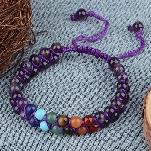 Vista 2 de MASSIVE BEADS Pulsera de macramé con cristales naturales para curación de chakras, cuentas de piedra de doble capa, piedras preciosas