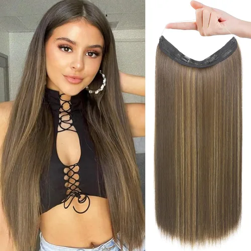 Vista 23 de REECHO - Extensiones de cabello con alambre invisible y con cintillo transparente, tamaño ajustable, clips seguros extraíbles, cabello lacio, diseño