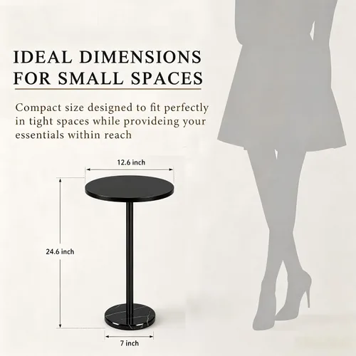 Vista 2 de smusei Mesas de bebidas para espacios pequeños, mesa auxiliar de pedestal con base de mármol, pequeña mesa auxiliar redonda negra para sofá, silla