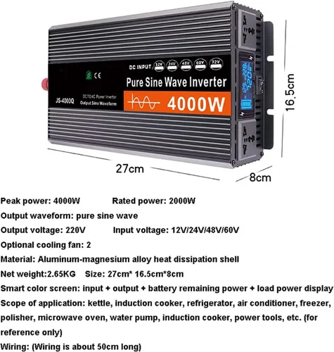 Vista 5 de Inversor de onda sinusoidal pura de 12 V a 220 V, 3000 W-6000 W, convertidor de potencia máxima de CC a CA con pantalla LCD, para automóvil, barco
